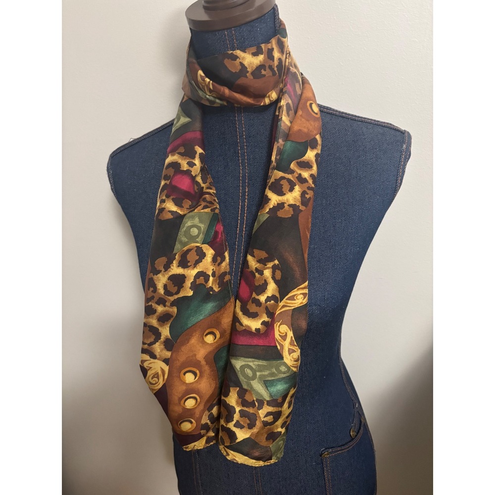 Vintage Silk Scarf Leopard Print Gold Chain Jewel Tone Geometric Rectangle Scarf